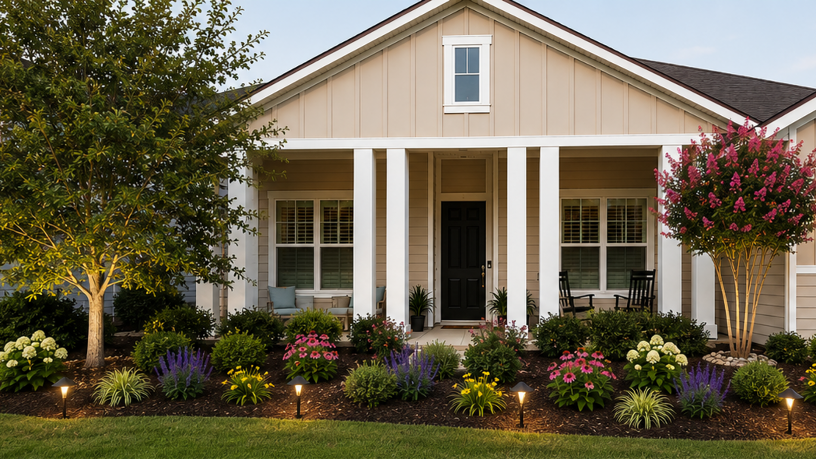 Front yard shown with a custom landscape design